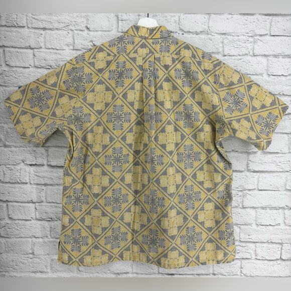 Reyn Spooner Kloth Hawaiian Aloha Quilt Geometric Popover Shirt XXL Yellow Grey - Picture 5 of 13